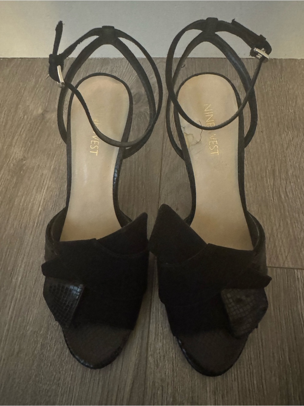 Nine West Black Open-Toe Ankle Strap Heels with Knot Detail